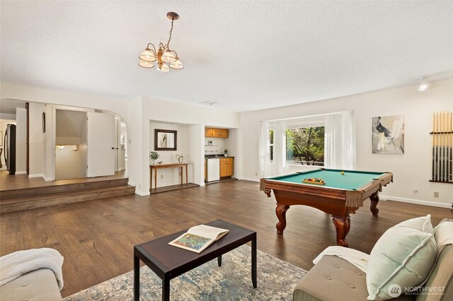 20817 29th Ave SE, Bothell, WA 98021 - playroom featuring billiards, baseboards, a chandelier, dark wood-type flooring, and arched walkways