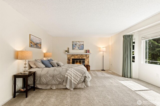 20817 29th Ave SE, Bothell, WA 98021 - carpeted bedroom featuring a textured ceiling and a stone fireplace