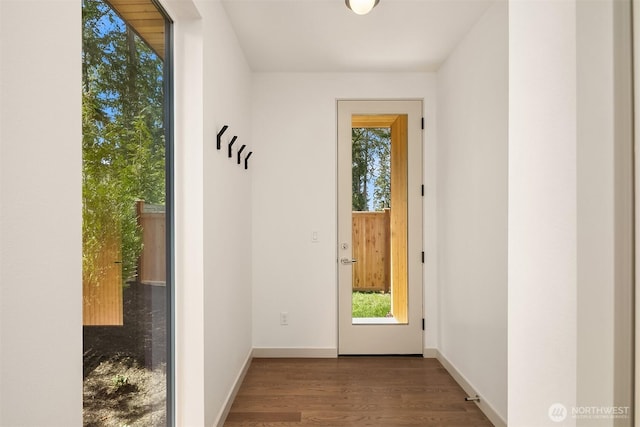 entryway featuring wood finished floors and baseboards