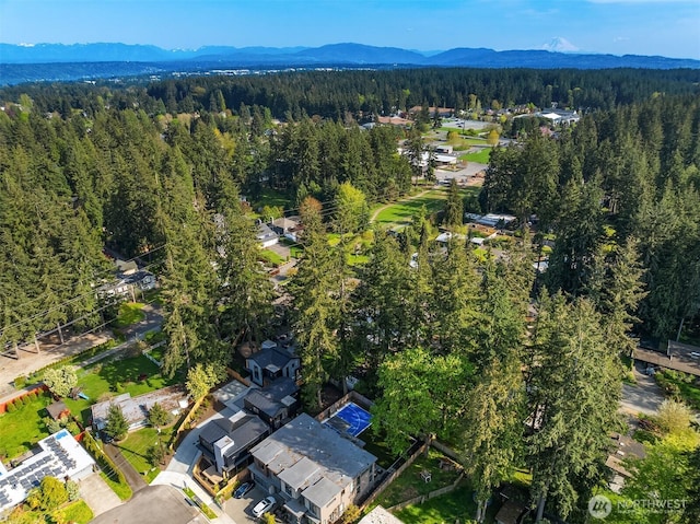drone / aerial view with a mountain view and a forest view