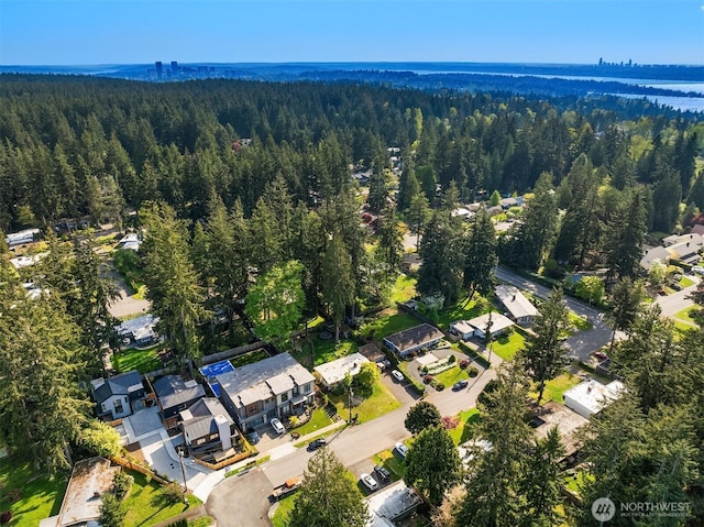 12249 NE 66th St, Kirkland, WA 98033 - drone / aerial view with a water view, a residential view, and a wooded view