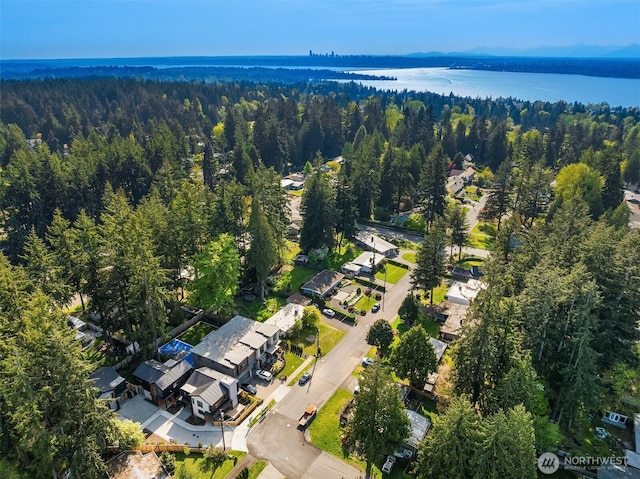birds eye view of property with a wooded view, a residential view, and a water view