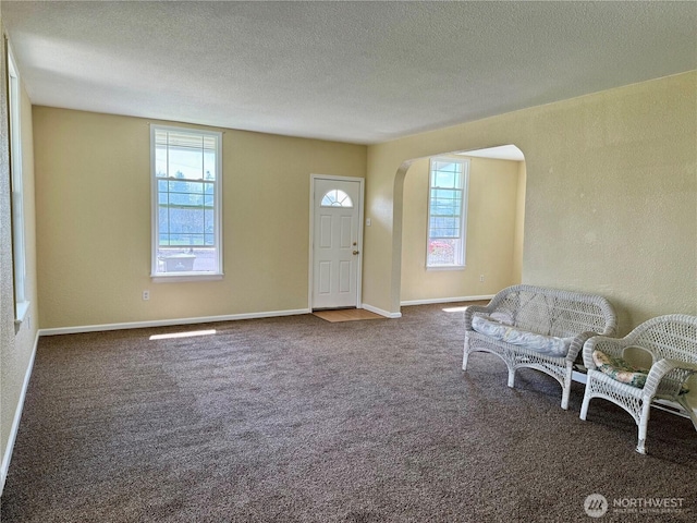 entrance foyer with arched walkways, carpet, plenty of natural light, and a textured ceiling