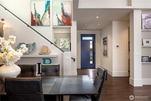 11116 SE 4th St, Bellevue, WA 98004 - dining space with stairs, wood finished floors, elevator, baseboards, and recessed lighting