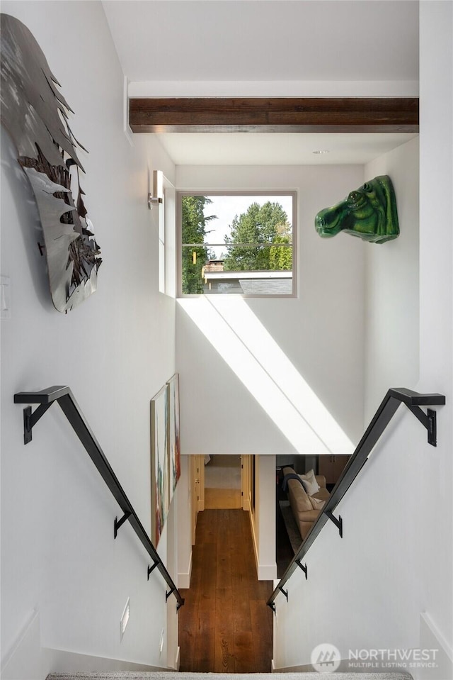 11116 SE 4th St, Bellevue, WA 98004 - stairway featuring wood finished floors and beam ceiling