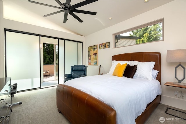 11116 SE 4th St, Bellevue, WA 98004 - carpeted bedroom with vaulted ceiling, access to outside, and a ceiling fan