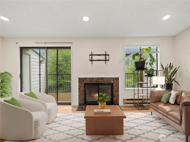 living area featuring a fireplace, wood finished floors, and recessed lighting