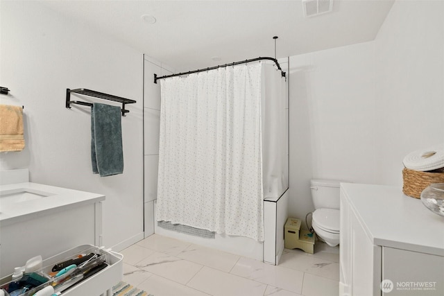 8710 Homestead Ave NE, Olympia, WA 98516 - full bath featuring vanity, marble finish floors, and shower / bath combination with curtain