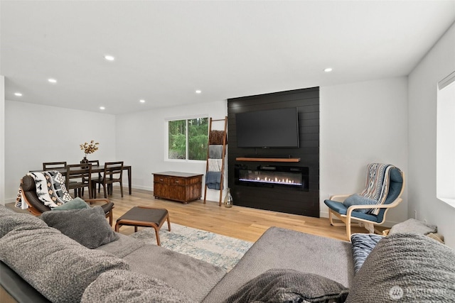 8710 Homestead Ave NE, Olympia, WA 98516 - living room with a large fireplace, baseboards, recessed lighting, and wood finished floors