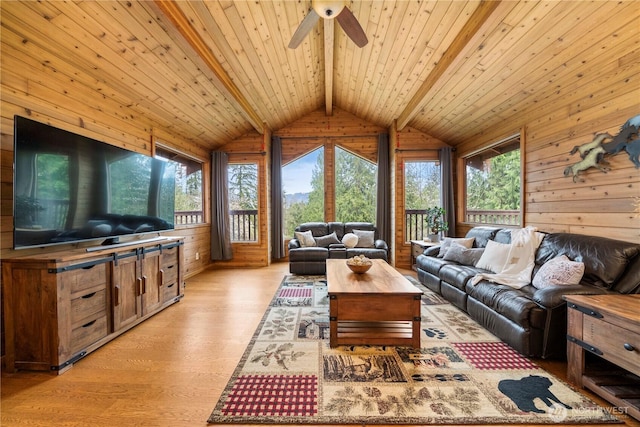 37902 278th Ave SE, Enumclaw, WA 98022 - living area featuring wooden ceiling, ceiling fan, wood walls, light wood-style floors, and vaulted ceiling with beams