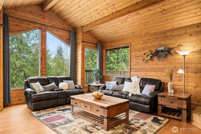 37902 278th Ave SE, Enumclaw, WA 98022 - living room with lofted ceiling with beams, wood walls, light wood-style flooring, and wood ceiling