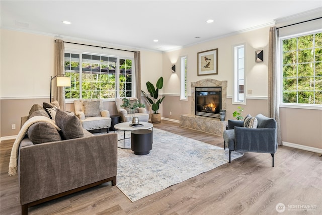 living area with a fireplace, baseboards, and crown molding