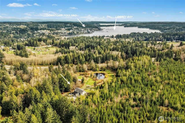 bird's eye view featuring a water view and a view of trees