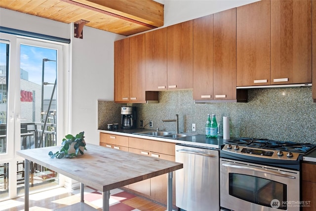 1408 12th Ave Unit 507, Seattle, WA 98122 - kitchen with appliances with stainless steel finishes, a sink, backsplash, and wooden ceiling with exposed beams