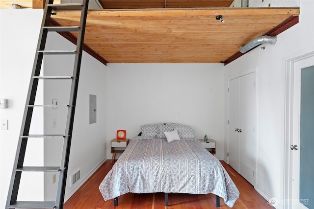 1408 12th Ave Unit 507, Seattle, WA 98122 - bedroom with wood finished floors, electric panel, and wood ceiling