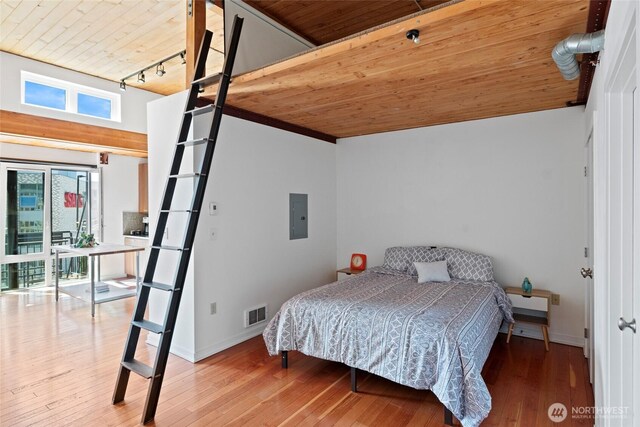 1408 12th Ave Unit 507, Seattle, WA 98122 - bedroom featuring wood ceiling, electric panel, hardwood / wood-style floors, baseboards, and rail lighting