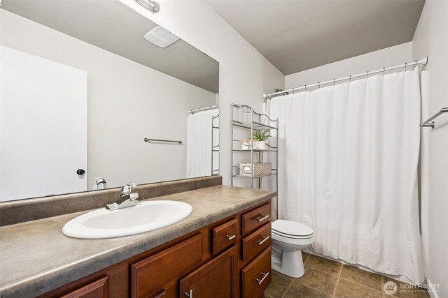 full bathroom with toilet, a shower with curtain, and vanity