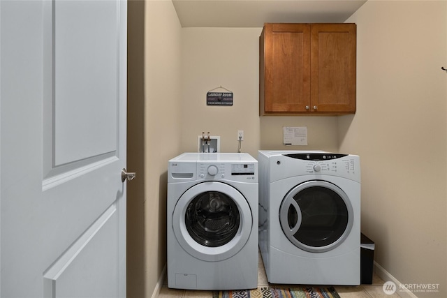 23154 Sunserra Loop NW Unit B15, Quincy, WA 98848 - laundry room featuring washer and dryer, baseboards, cabinet space, and light tile patterned floors