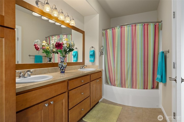 23154 Sunserra Loop NW Unit B15, Quincy, WA 98848 - bathroom featuring double vanity, shower / bathtub combination with curtain, tile patterned floors, and a sink