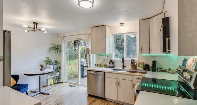 kitchen featuring decorative backsplash, stainless steel appliances, light countertops, and a sink