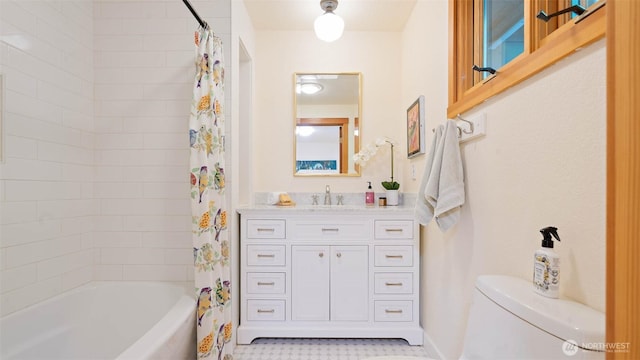 4657 Island Ave NE, Bainbridge Island, WA 98110 - bathroom with toilet, shower / bath combo with shower curtain, and vanity