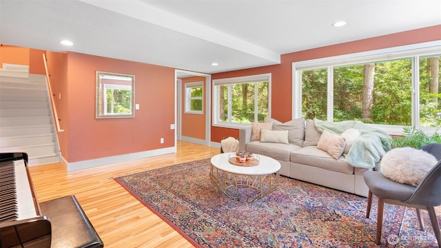 4657 Island Ave NE, Bainbridge Island, WA 98110 - living room featuring baseboards, light wood-style floors, stairs, and recessed lighting