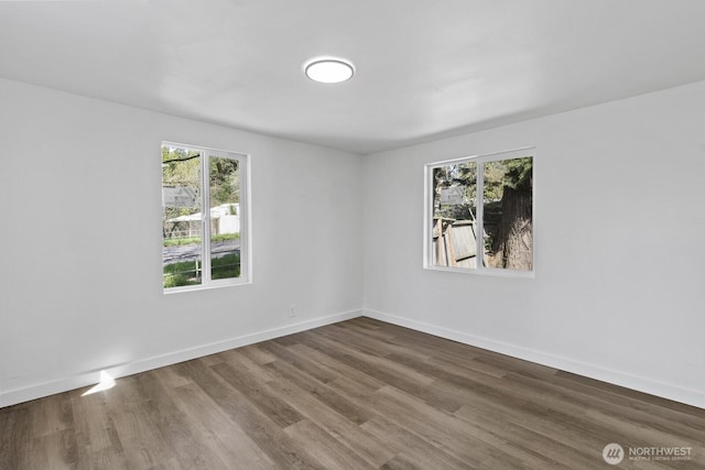 spare room with a wealth of natural light, baseboards, and wood finished floors