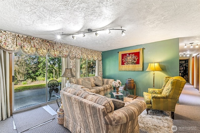 carpeted living area featuring track lighting and a textured ceiling