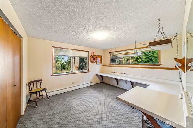 office space featuring baseboard heating, a textured ceiling, and carpet flooring