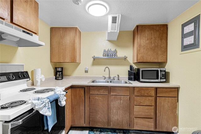 819 NW 50th St, Seattle, WA 98107 - kitchen with stainless steel microwave, light countertops, under cabinet range hood, electric stove, and a sink