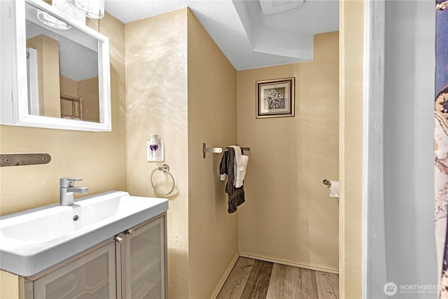 819 NW 50th St, Seattle, WA 98107 - bathroom with a textured wall, vanity, and wood finished floors