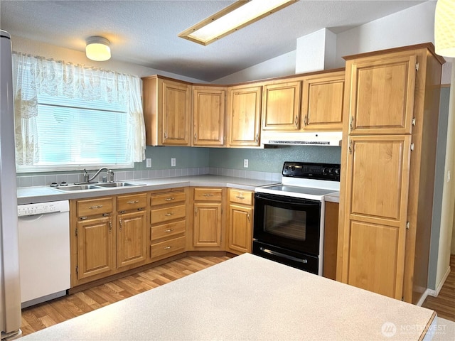3010 W Peninsula Dr Unit 109, Moses Lake, WA 98837 - kitchen featuring electric range oven, white dishwasher, under cabinet range hood, lofted ceiling, and light wood-style floors