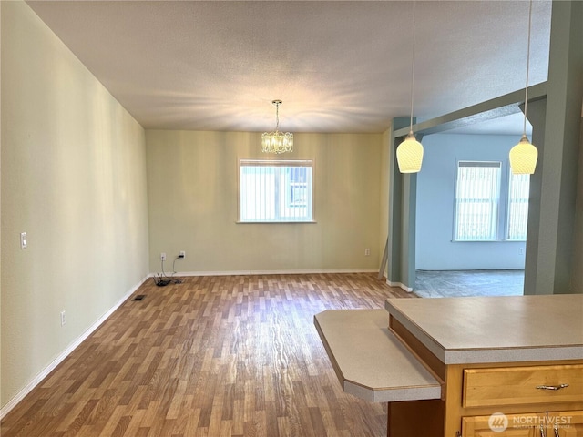 3010 W Peninsula Dr Unit 109, Moses Lake, WA 98837 - unfurnished dining area featuring wood finished floors, healthy amount of natural light, a chandelier, baseboards, and a textured ceiling