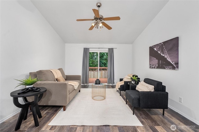 20210 La Paloma Dr E, Bonney Lake, WA 98391 - living room with baseboards, vaulted ceiling, wood finished floors, and ceiling fan