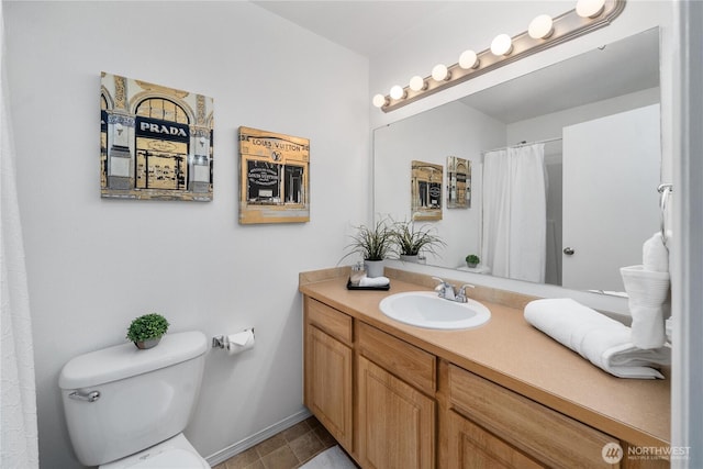 20210 La Paloma Dr E, Bonney Lake, WA 98391 - bathroom with baseboards, a shower with shower curtain, toilet, vanity, and tile patterned floors