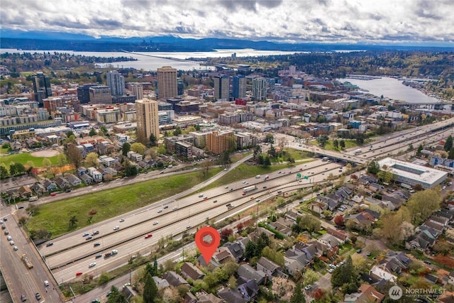 bird's eye view with a city view