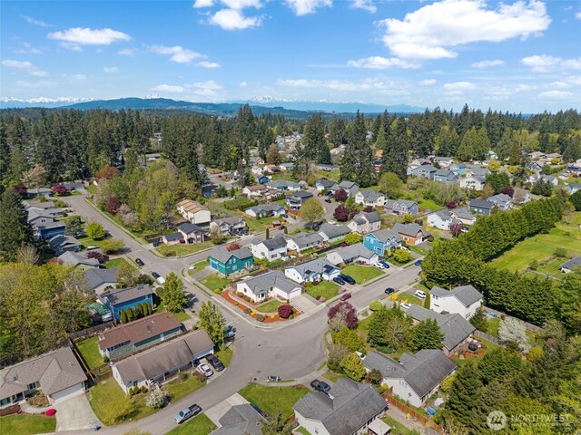 birds eye view of property with a residential view and a wooded view