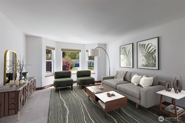 carpeted living room featuring baseboards
