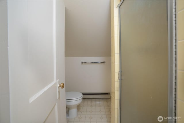 3018 N 13th St, Tacoma, WA 98406 - full bathroom with toilet, a baseboard radiator, a stall shower, and vaulted ceiling