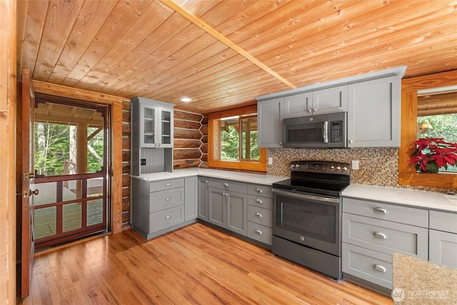 kitchen with light wood-type flooring, rustic walls, gray cabinets, appliances with stainless steel finishes, and wooden ceiling