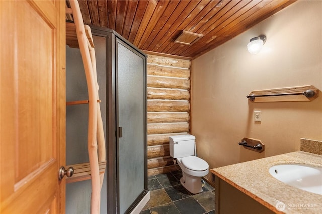 bathroom featuring log walls, vanity, a stall shower, toilet, and wood ceiling