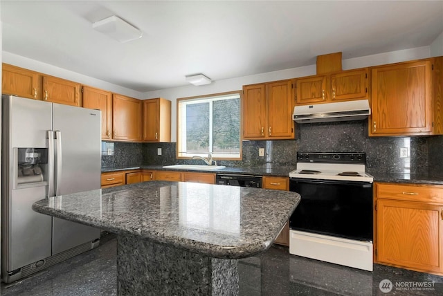 8703 232nd Street Ct E, Graham, WA 98338 - kitchen featuring range with electric cooktop, under cabinet range hood, dishwasher, a sink, and stainless steel fridge