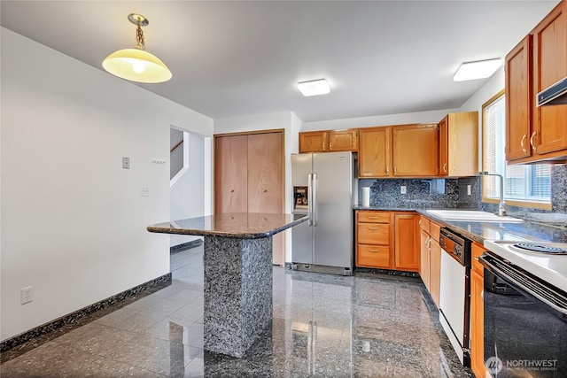 8703 232nd Street Ct E, Graham, WA 98338 - kitchen with a sink, stainless steel fridge with ice dispenser, granite finish floor, and white dishwasher