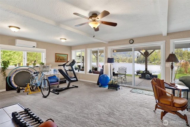 3058 Camp 2 Rd, Sedro Woolley, WA 98284 - workout room featuring a wall mounted AC, baseboards, ceiling fan, a textured ceiling, and carpet floors