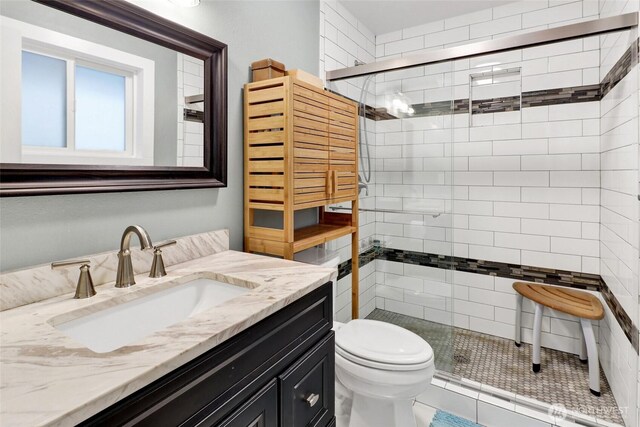 3058 Camp 2 Rd, Sedro Woolley, WA 98284 - bathroom with vanity, a stall shower, and toilet