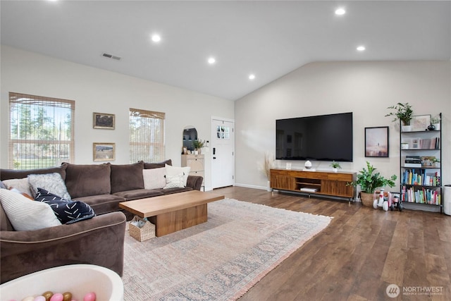 living room with dark wood-style flooring, baseboards, recessed lighting, visible vents, and lofted ceiling