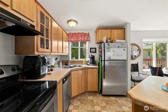 kitchen featuring under cabinet range hood, stainless steel appliances, a sink, stone finish flooring, and glass insert cabinets