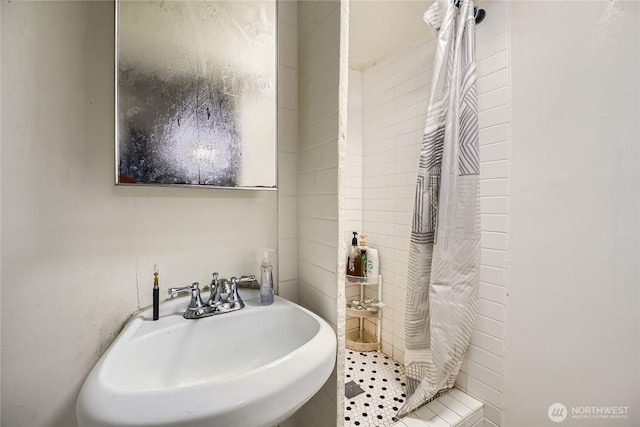 bathroom with a sink and a stall shower
