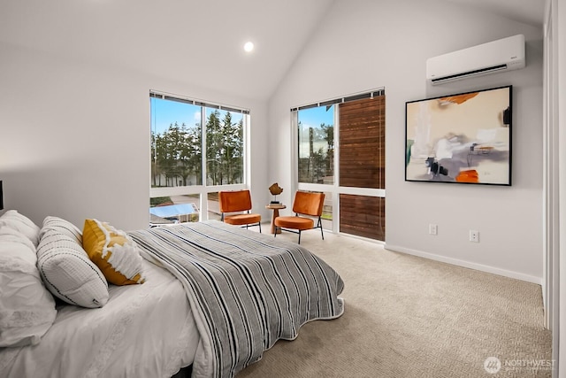 bedroom with baseboards, a wall mounted AC, carpet, recessed lighting, and high vaulted ceiling