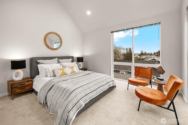 bedroom featuring high vaulted ceiling, light colored carpet, and recessed lighting